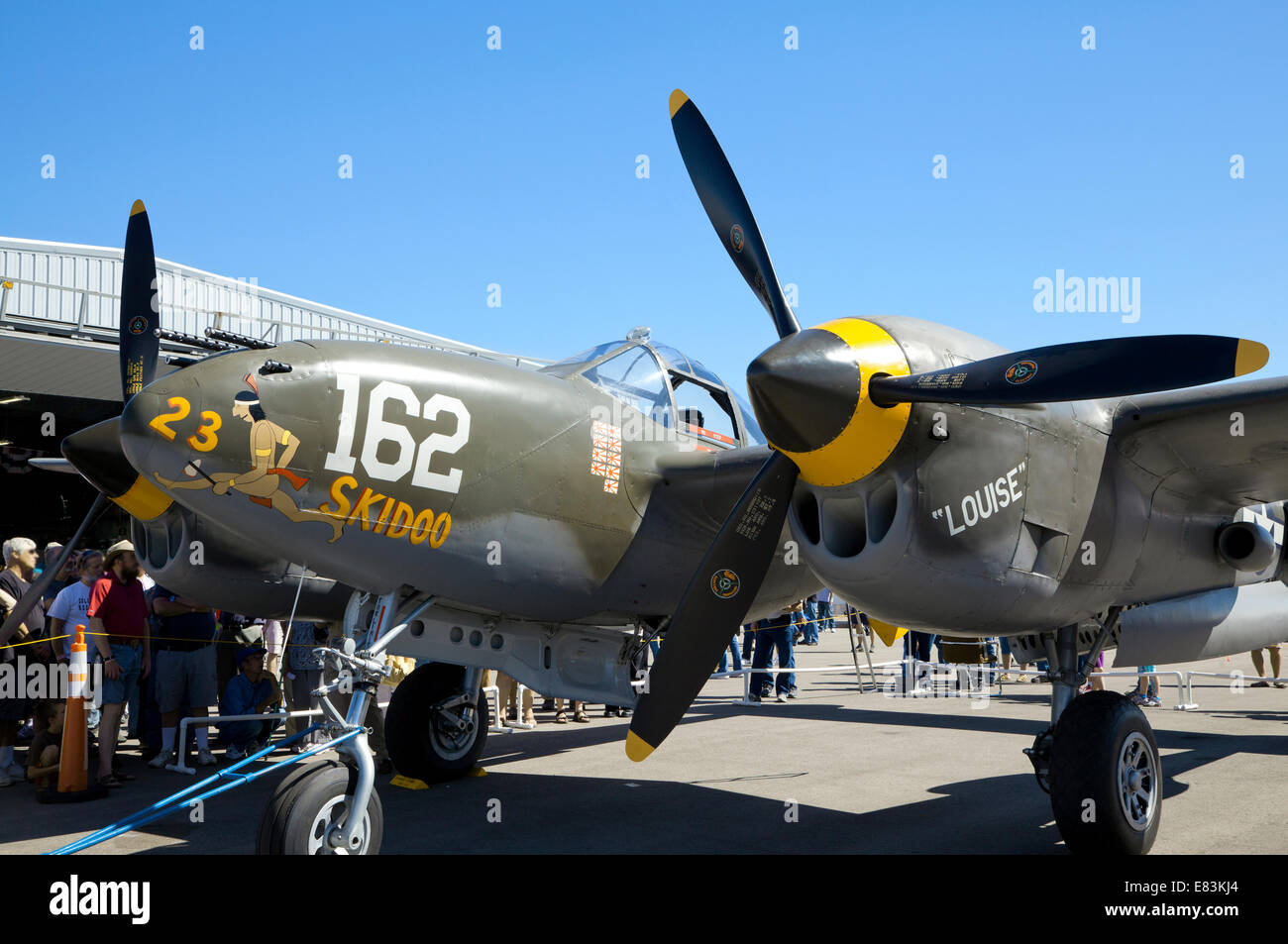 Vorderansicht des restaurierten p-38 Lightning Warbirds Museum, Nampa, Idaho, 2014. Stockfoto