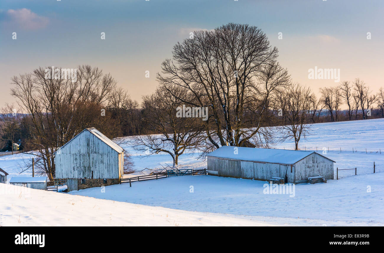 Verschneite Bauernhof im ländlichen Carroll County, Maryland. Stockfoto