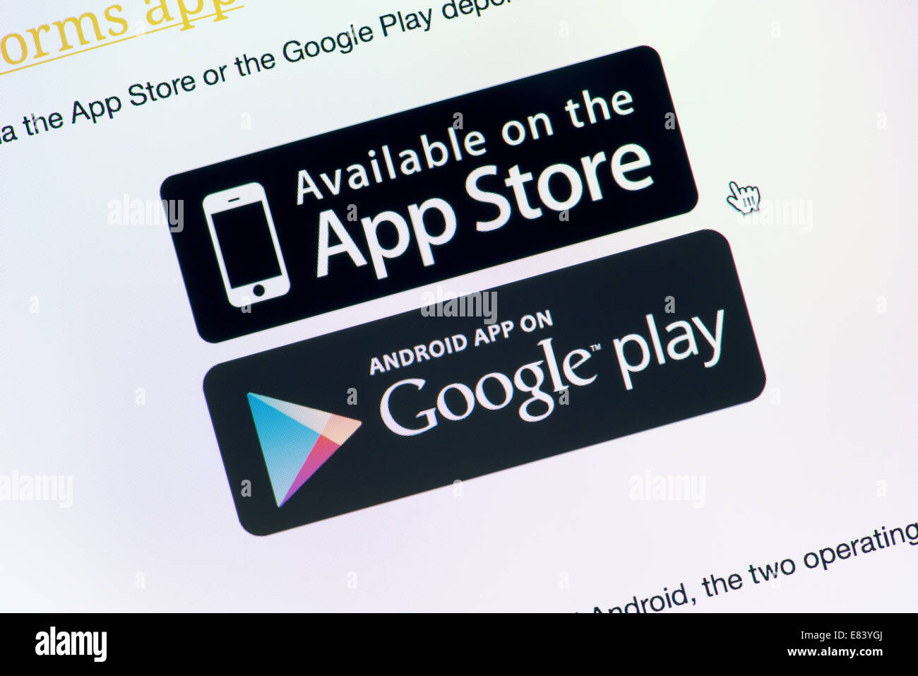 Close-up Schuss Farbdisplay mit App Store und Google Play download-Buttons für das Herunterladen der gewählten Anwendung. Stockfoto