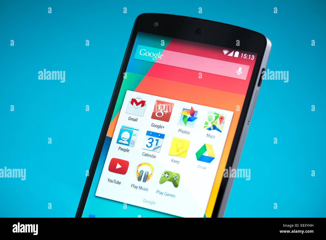 Nahaufnahme der neuen Google Nexus 5, angetrieben von Android 4.4 Version, hergestellt von LG Electronics Stockfoto