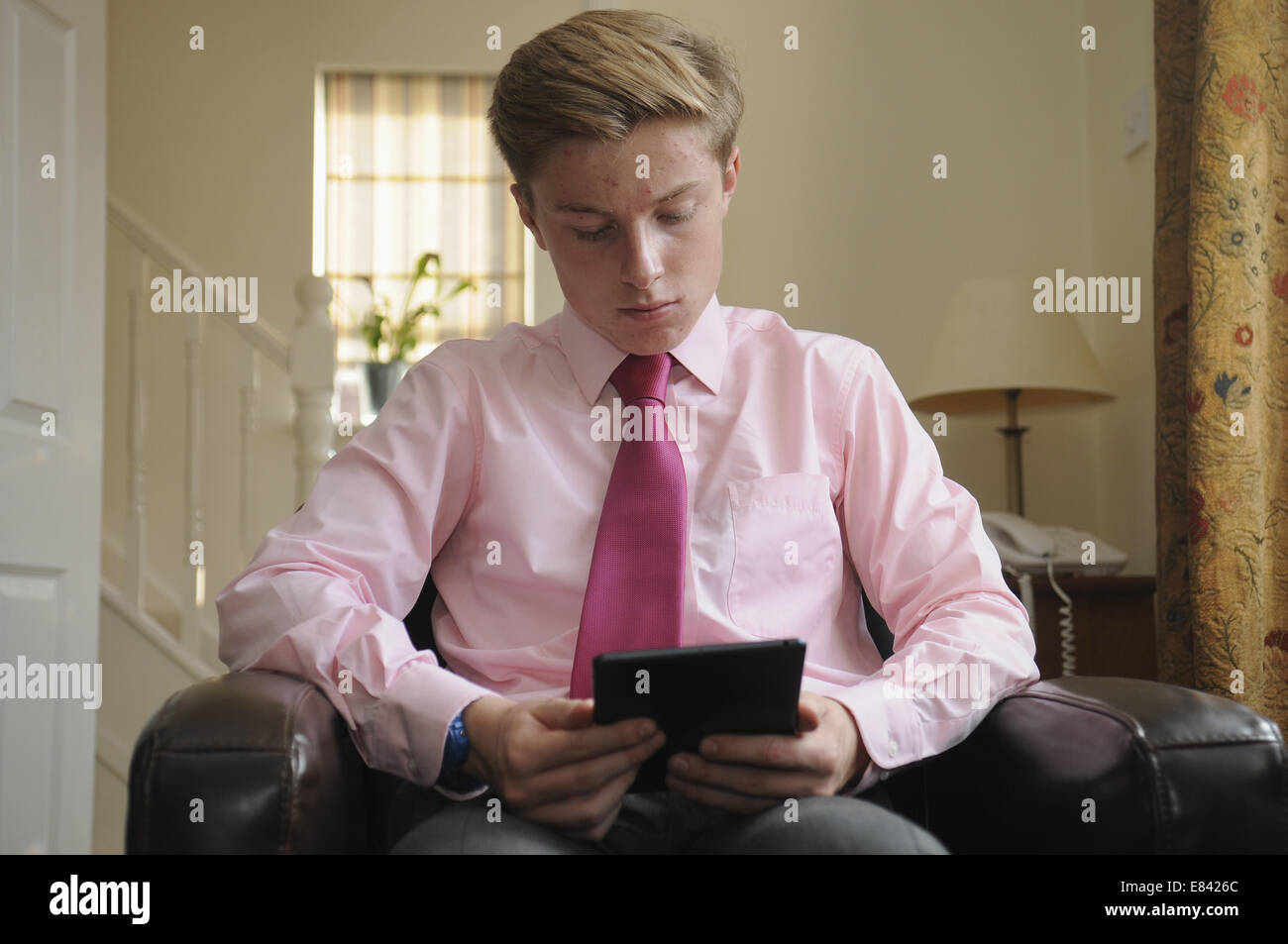Teenage Boy Verwendung An Apple Ipad Mini-Tablet Stockfoto
