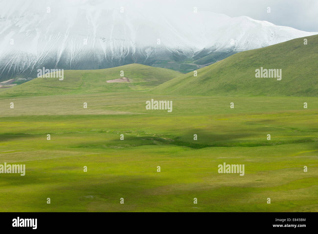 Das Piano Grande - eine große flache innerlich-Entwässerung-Ebene - im Frühjahr, Nationalpark Monti Sibillini, Italien. Stockfoto