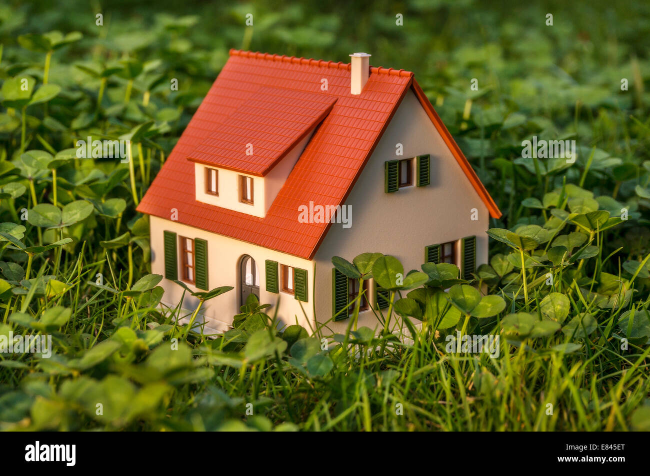 Architekturmodell einer älteren Einfamilienhauses auf einer Wiese. Stockfoto