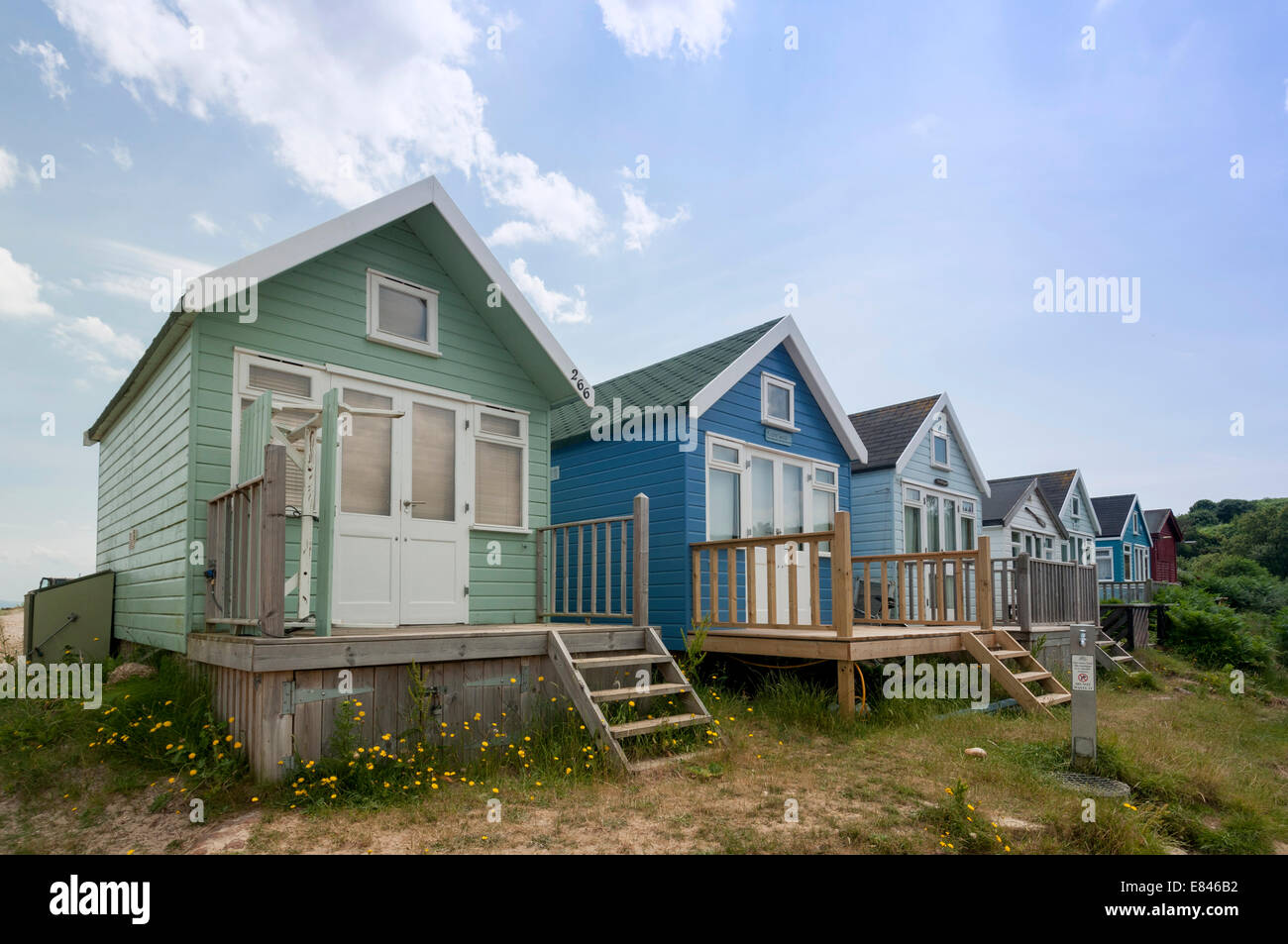 Strandhütten an Hengistbury Head, Mudeford, Christchurch, Dorset, England Stockfoto