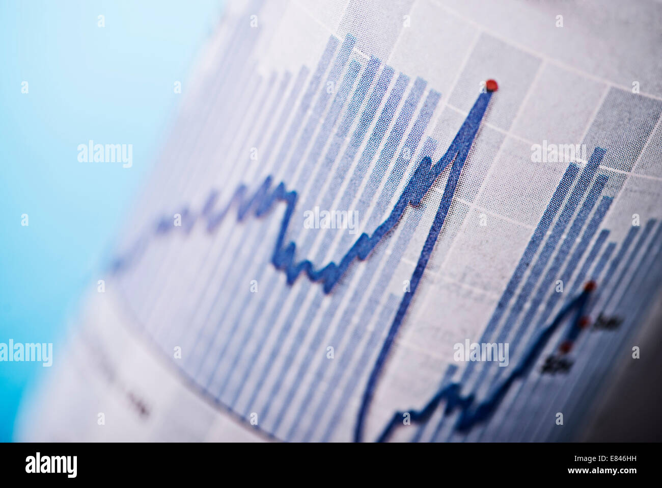Grafik zeigt die Höhen und Tiefen in der Börse oder den Verlauf der wirtschaftlichen Entwicklung. Stockfoto
