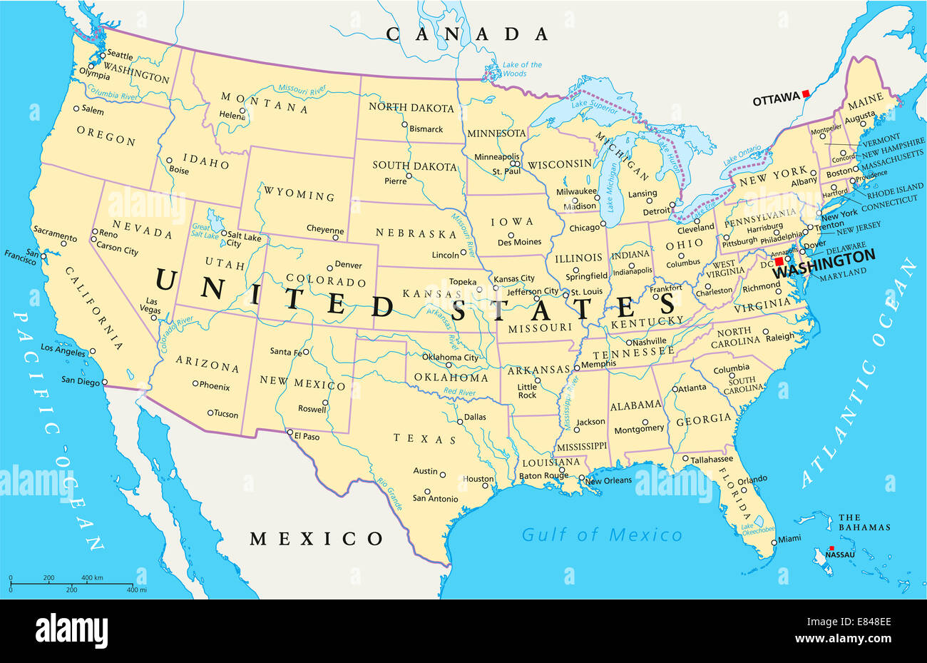 Politische Karte der Vereinigten Staaten von Amerika Stockfoto