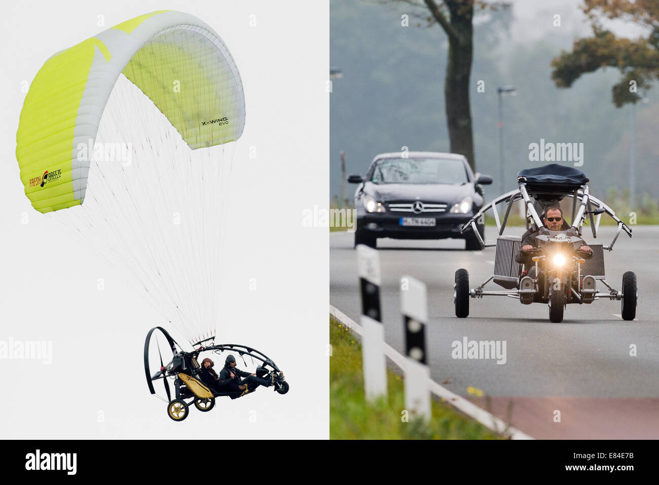 Bissendorf, Deutschland. 30. September 2014. Michael Werner von der Firma Fresh Breeze betreibt einen Prototyp eines fliegenden Auto über eine Straße in der Nähe von Bissendorf, Deutschland, 30. September 2014. Drei Räder, zwei Sitze, einen Propeller und einem Segelflugzeug Flügel, frische Brise ein fliegendes Auto entwickelt die auf den Straßen gefahren werden darf. Foto: JULIAN STRATENSCHULTE/Dpa/Alamy Live News Stockfoto