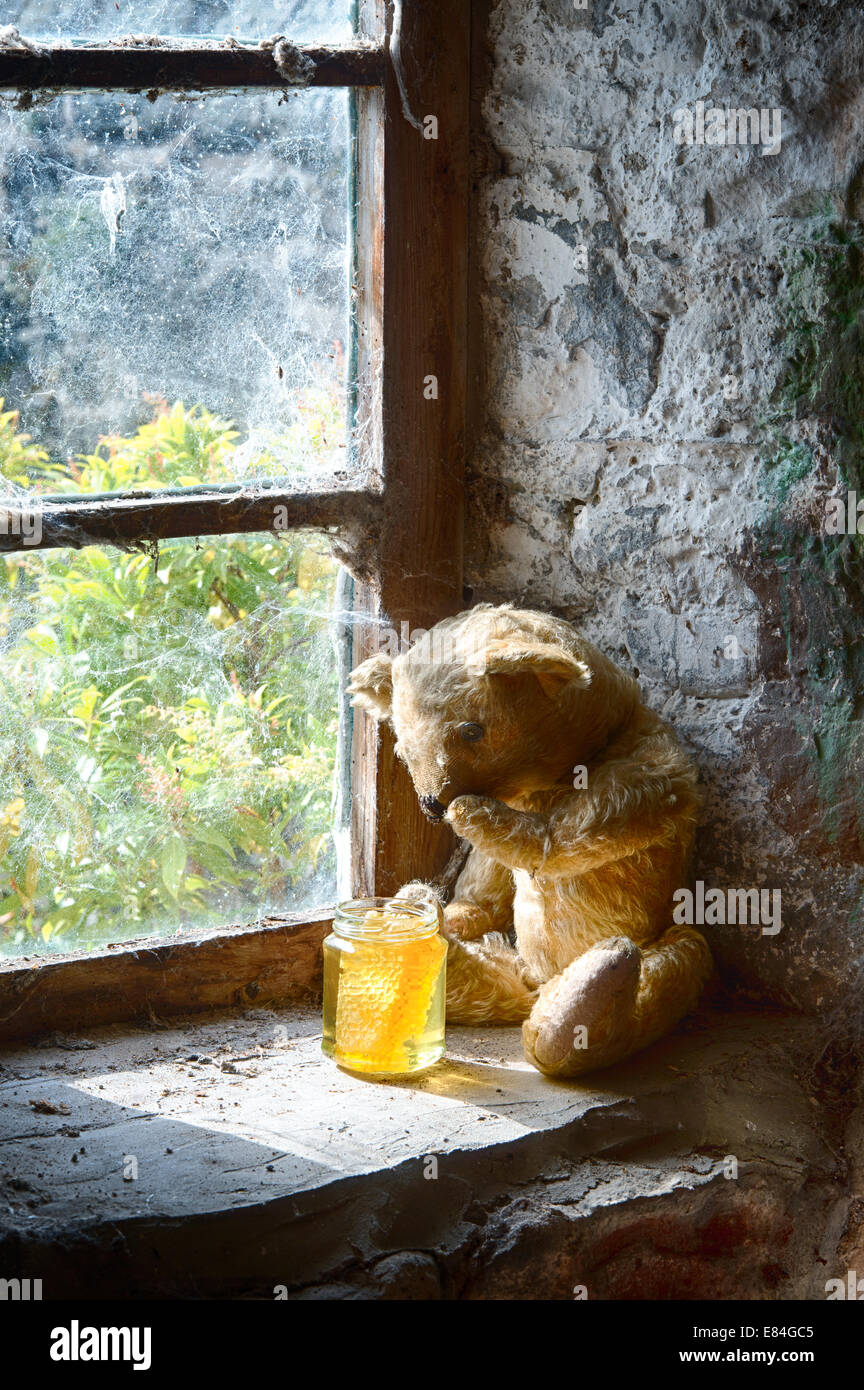 Fadenscheinig One Eyed Teddybär auf einem alten Fensterbrett betrachten einen Topf Honig Stockfoto