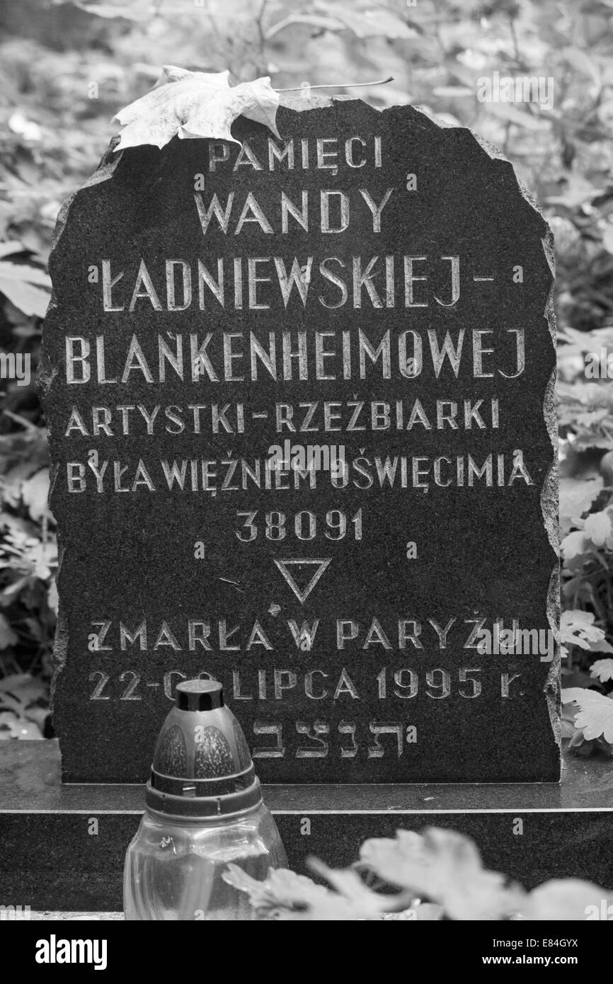 Grabstein auf dem Neuen Jüdischen Friedhof in Kazimierz, Krakau, Polen im September in Infrarot-Schwarzweiß-Schwarzweiß-Schwarzweiß-Schwarzweiß-Stimmung Stockfoto
