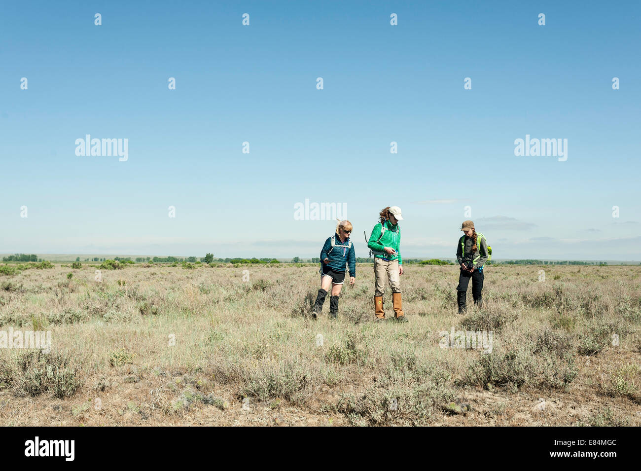 Drei junge Frauen auflauert durch Meilen von Prairie, sammeln von Daten für Abenteurer und Wissenschaftler für den Naturschutz. Stockfoto