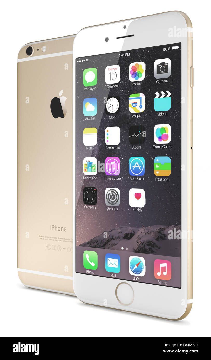 Gold Apple iPhone 6 Plus zeigt den Startbildschirm mit iOS 8. Stockfoto