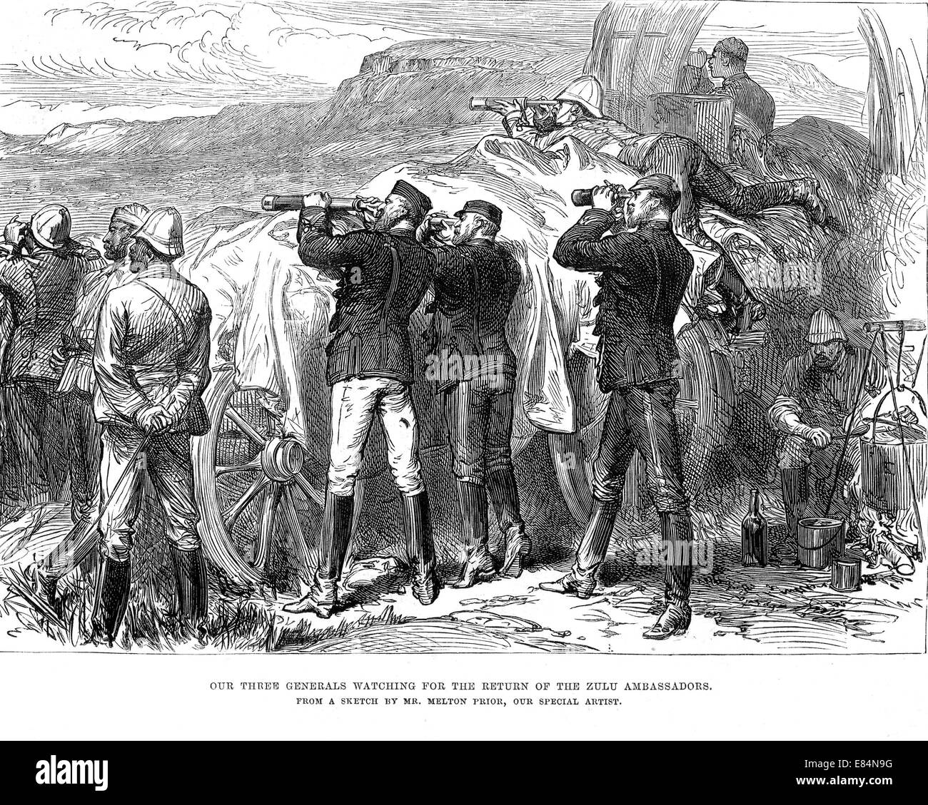 ZULU Krieg 1879 Lord Chelmsford auf der linken Seite mit Teleskop erwartet Rückkehr der Zulu Gesandten zu Cetshwayo - siehe Beschreibung unten Stockfoto