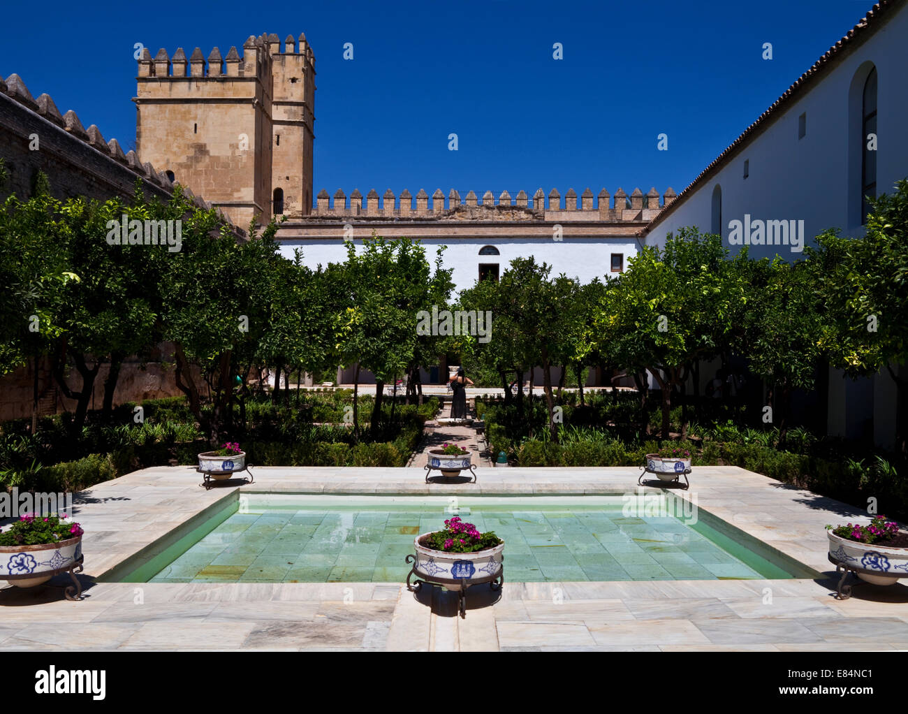 Innenhof im Schloss, Alcázar. Cordoba Stadt, Provinz Córdoba, Andalusien, Spanien Stockfoto