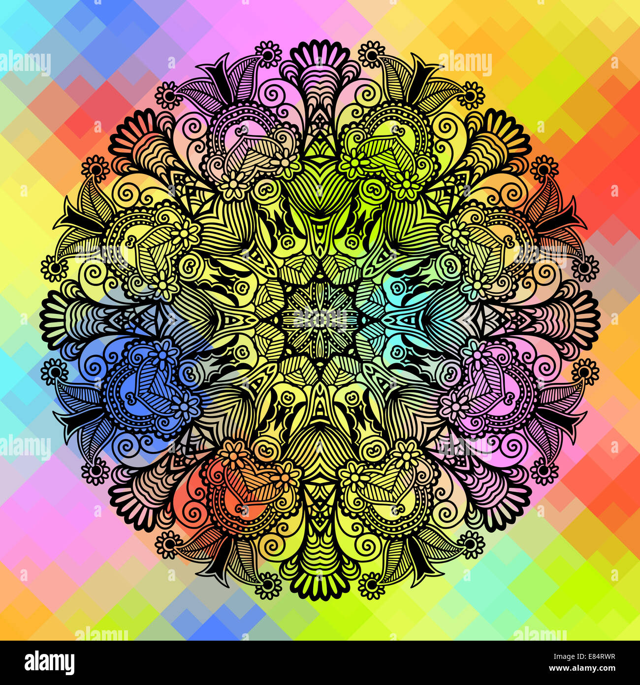 quadratische geometrische Komposition mit ethnischen Blumenmuster, Farbe pa Stockfoto