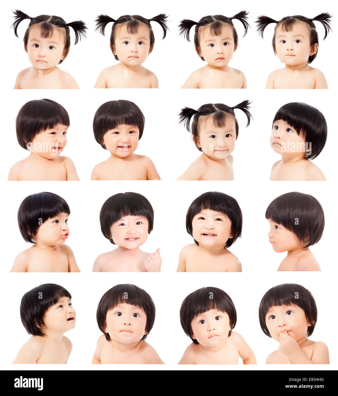 asiatische niedlichen Baby-Mädchen, das verschiedene Gesichtsausdrücke auf weißem Hintergrund Stockfoto