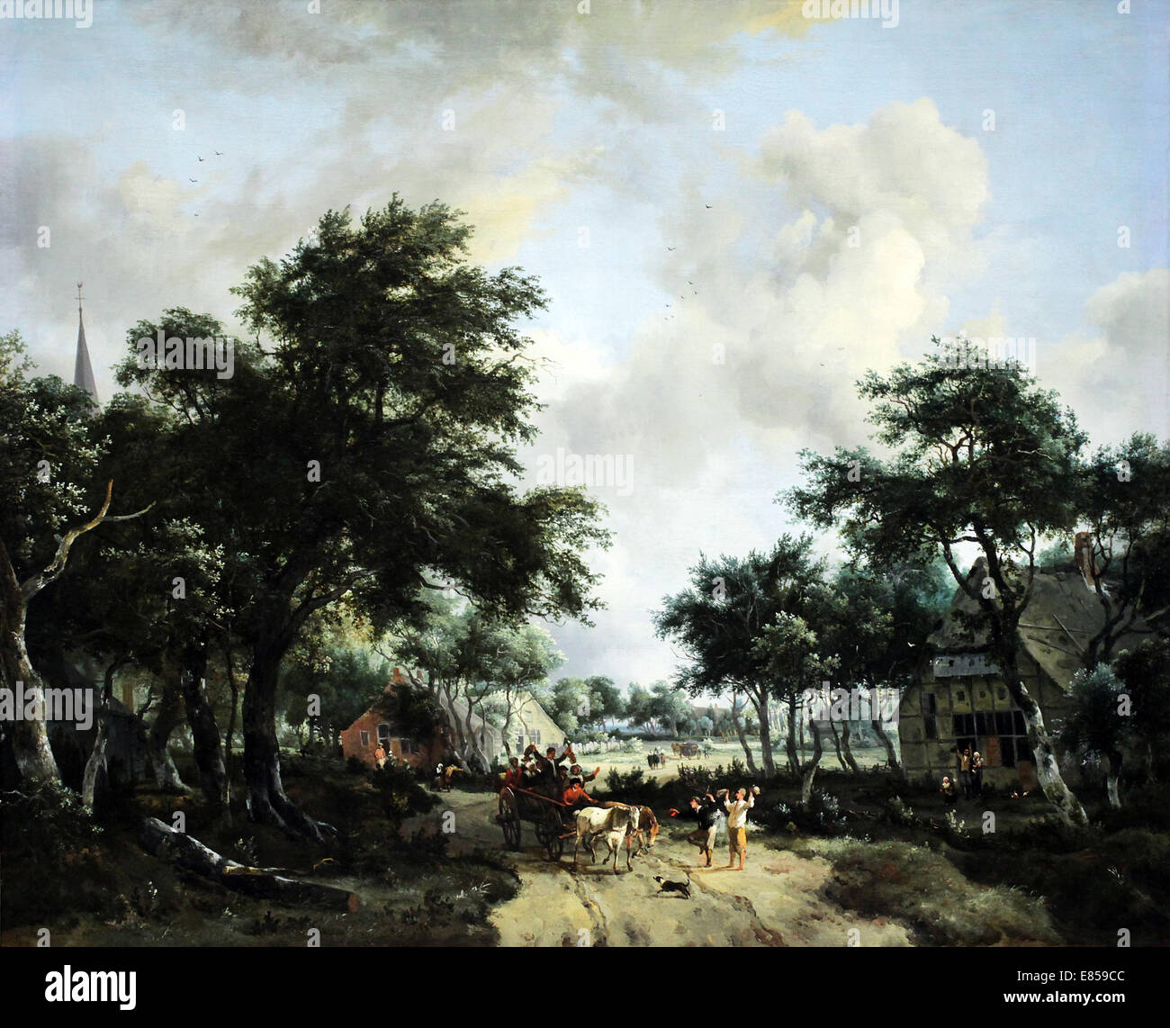 Bewaldete Landschaft mit lustigen Köpfen in einem Wagen. Von Meindert Hobbema.Dutch Painter.1639-1709. Stockfoto