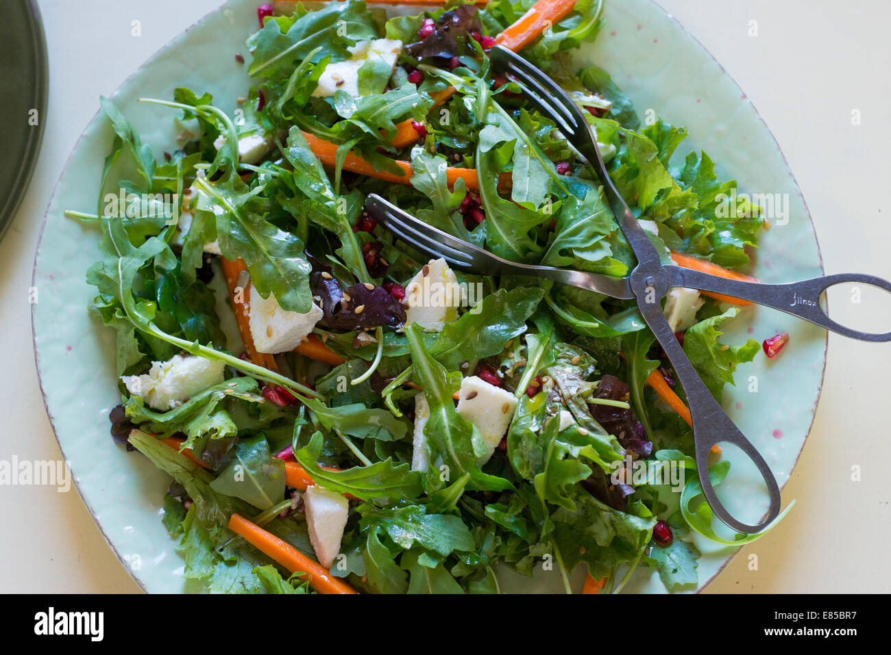 Rucola-Salat mit, Ziegenkäse, geriebene Möhre, Dressing und Silber ...