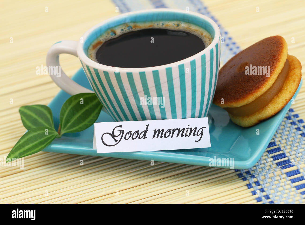 Guten Morgen Karte mit Kaffee und Cookies Stockfoto