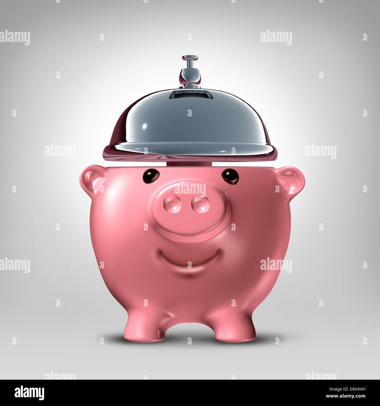 Banking-Service-Konzept als eine Vorderansicht Sparschwein geformt wie eine Gastfreundschaft Service Glocke als Symbol für gute Banken Kunden Stockfoto