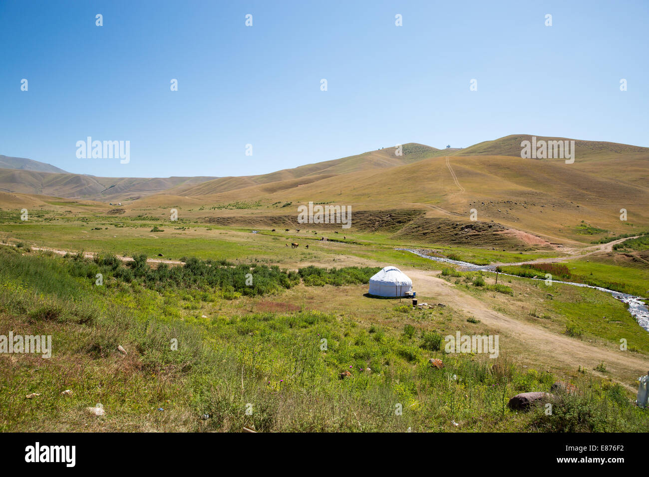 Kasachische Jurte in Assy plateau im Tien-Shan-Gebirge in Almaty, Kasachstan, Asien im Sommer. Natur von grünen Bäumen und See Stockfoto