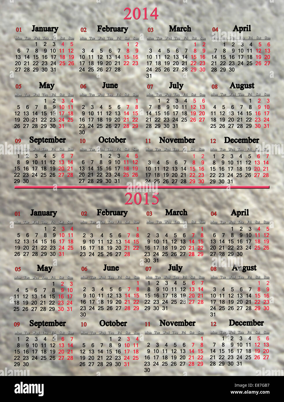 üblichen Geschäftszeiten Kalender 2014-2015 jahrelang auf steinigem Untergrund Stockfoto