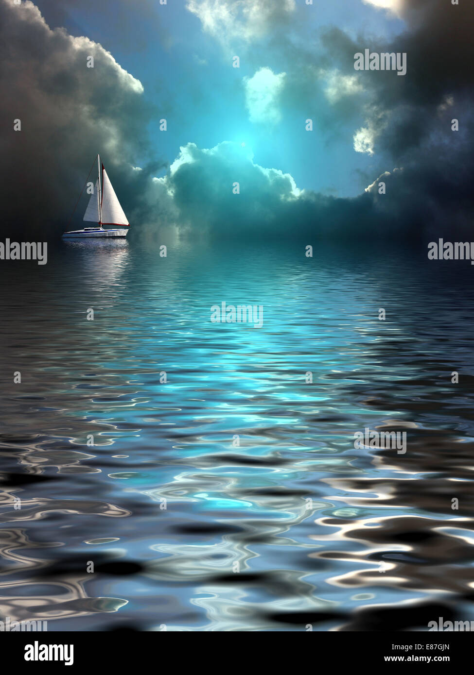 Einsam-Yacht in den Ozean - ein romantisches Bild erstellt mit Mischtechnik Stockfoto