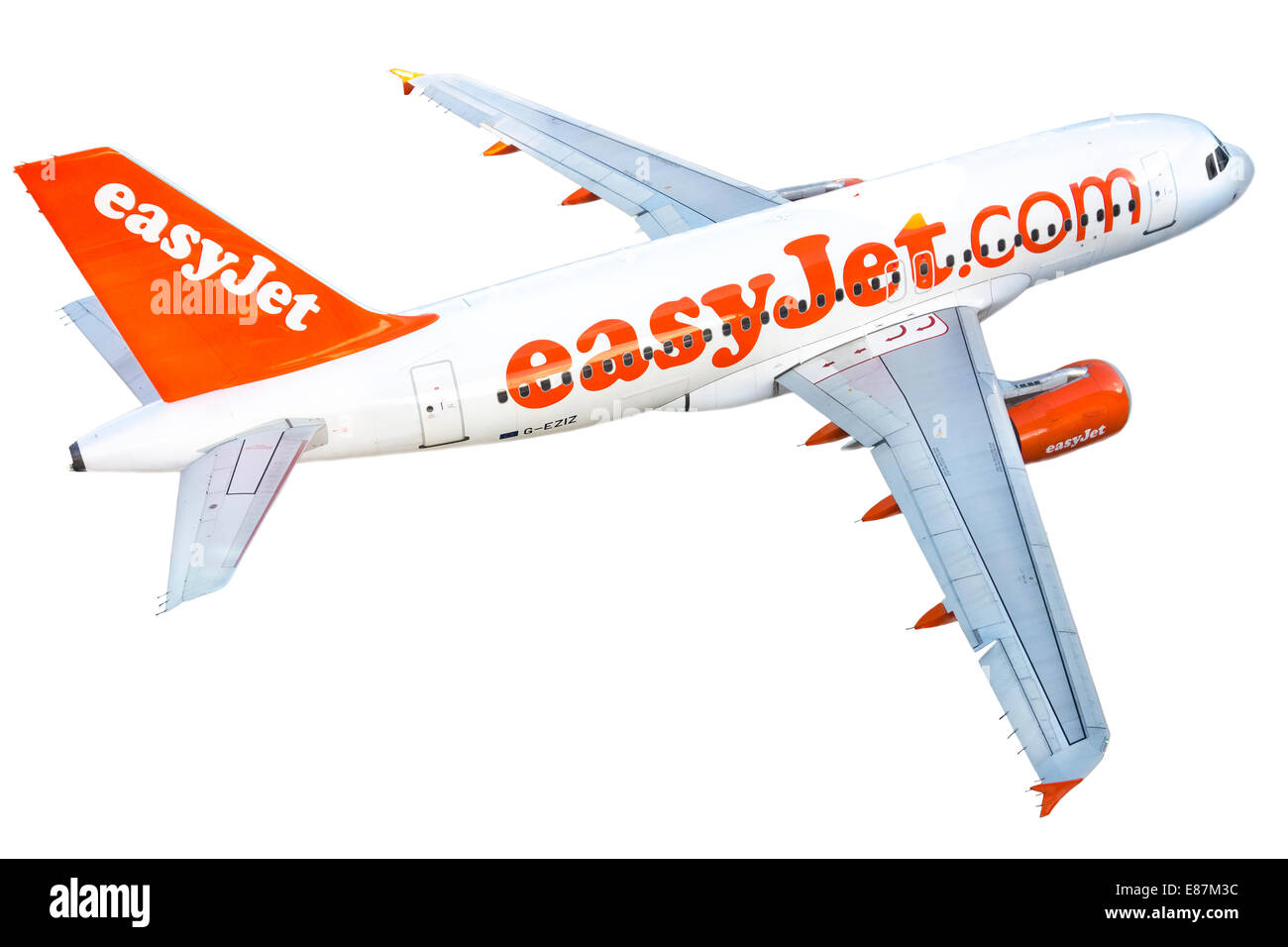 EasyJet Flugzeug Flugzeug Airbus A319-111 A 319 111. Ausschnitt Ausschnitt isoliert auf einem weißen Hintergrund. Echtes Flugzeug. Kein Spielzeugmodell. Stockfoto