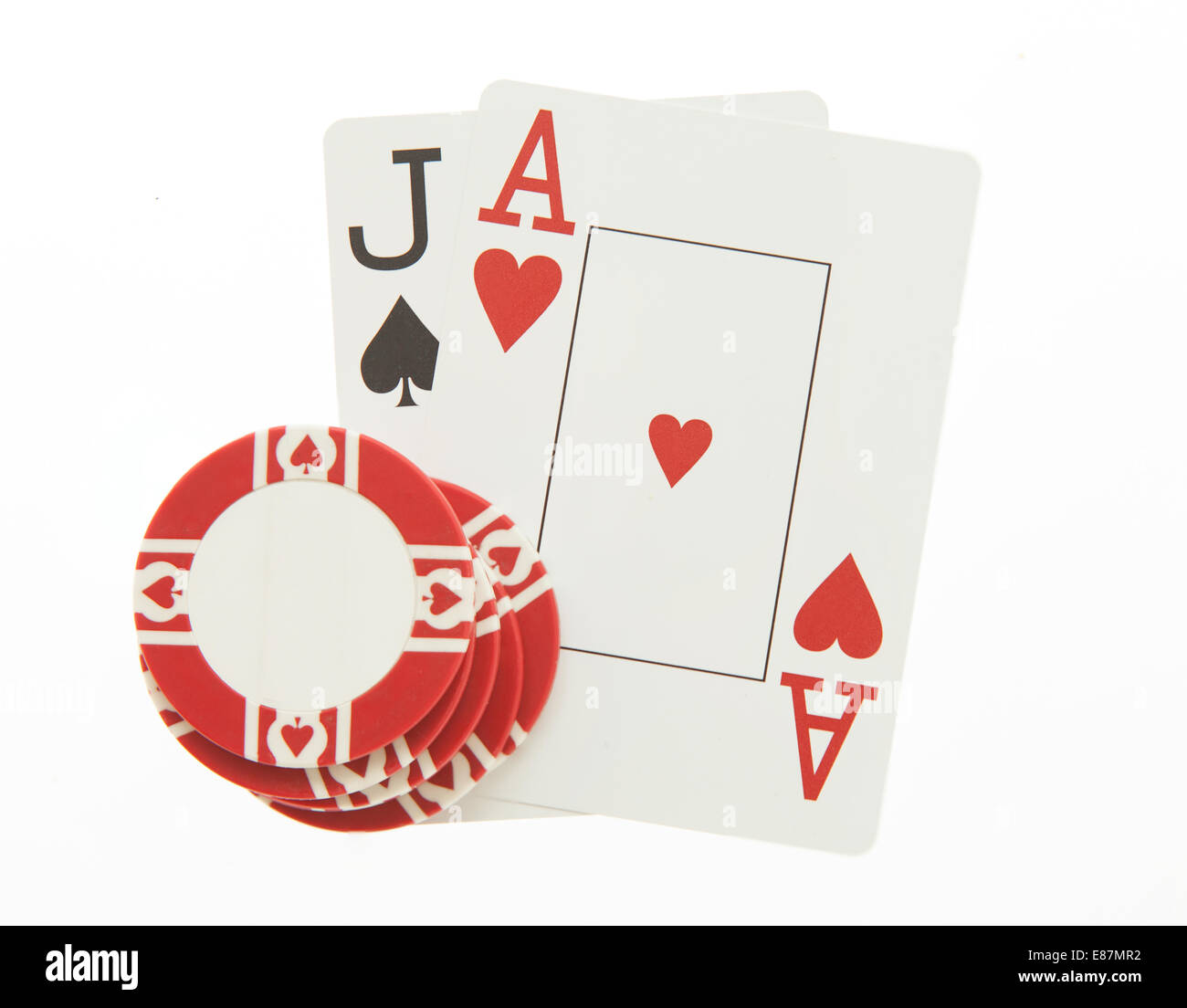 Blackjack-Hand mit Casino-chip Stockfoto