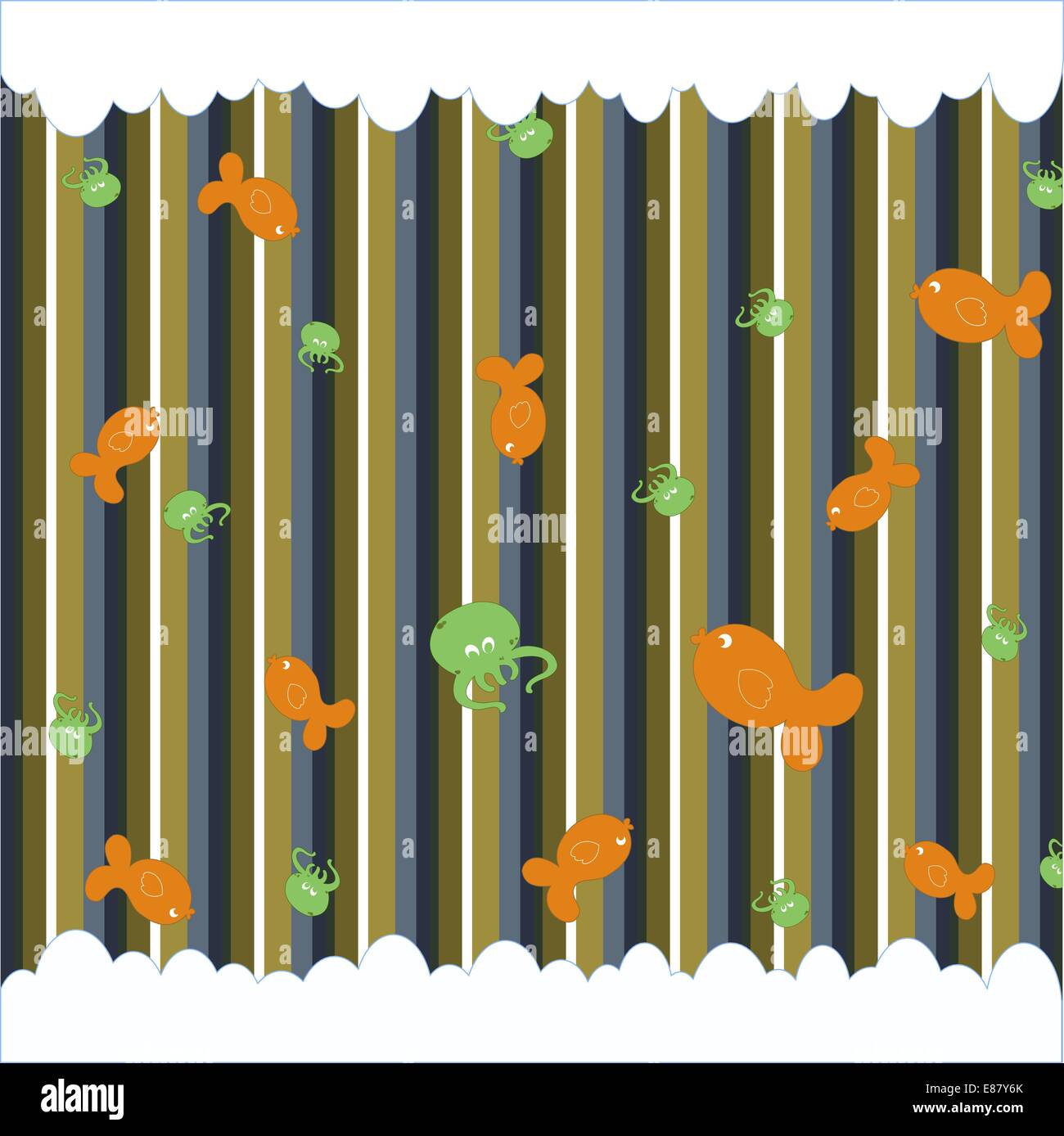 Cartoon-Vektor-Illustration von Retro-funky Hintergrund mit niedlichen kleinen Fisch und Tintenfisch Stock Vektor