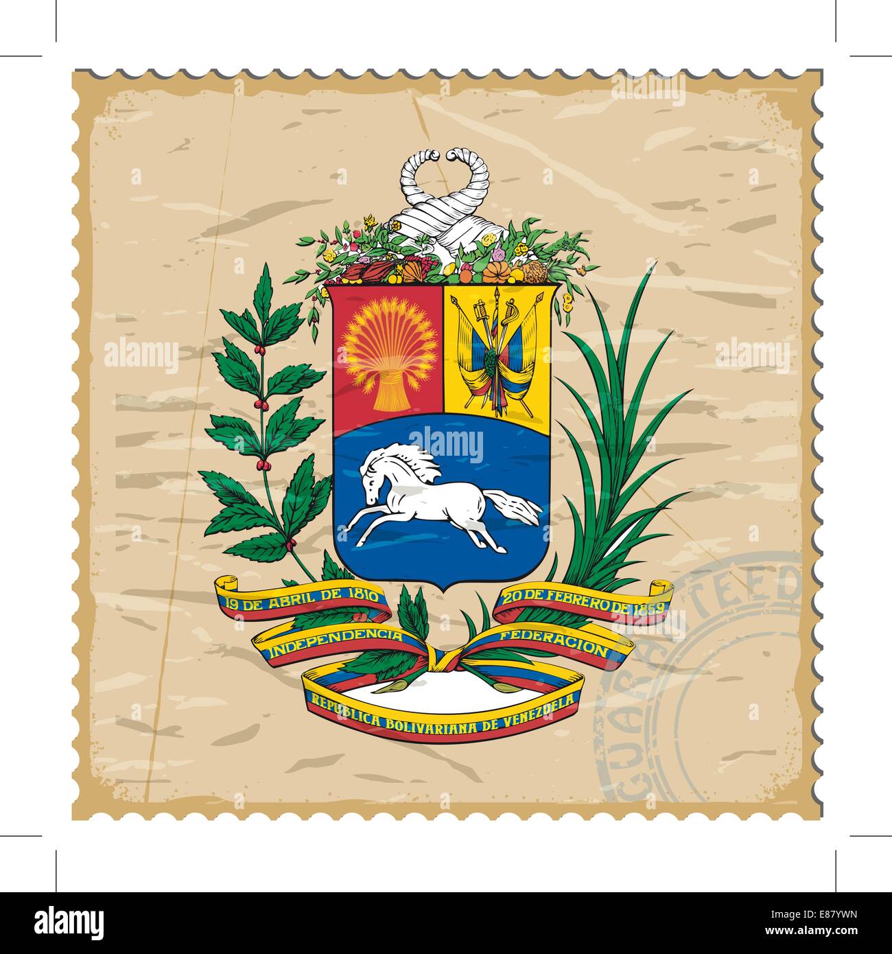 Wappen von Venezuela auf der alten Briefmarke Stock Vektor