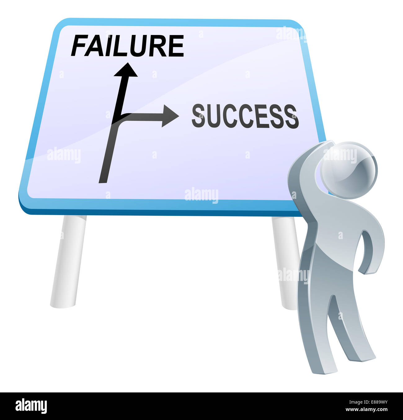 Ein Mann betrachtet ein Schild Richtung mit der Wörter Erfolg und Misserfolg auf ihn Stockfoto