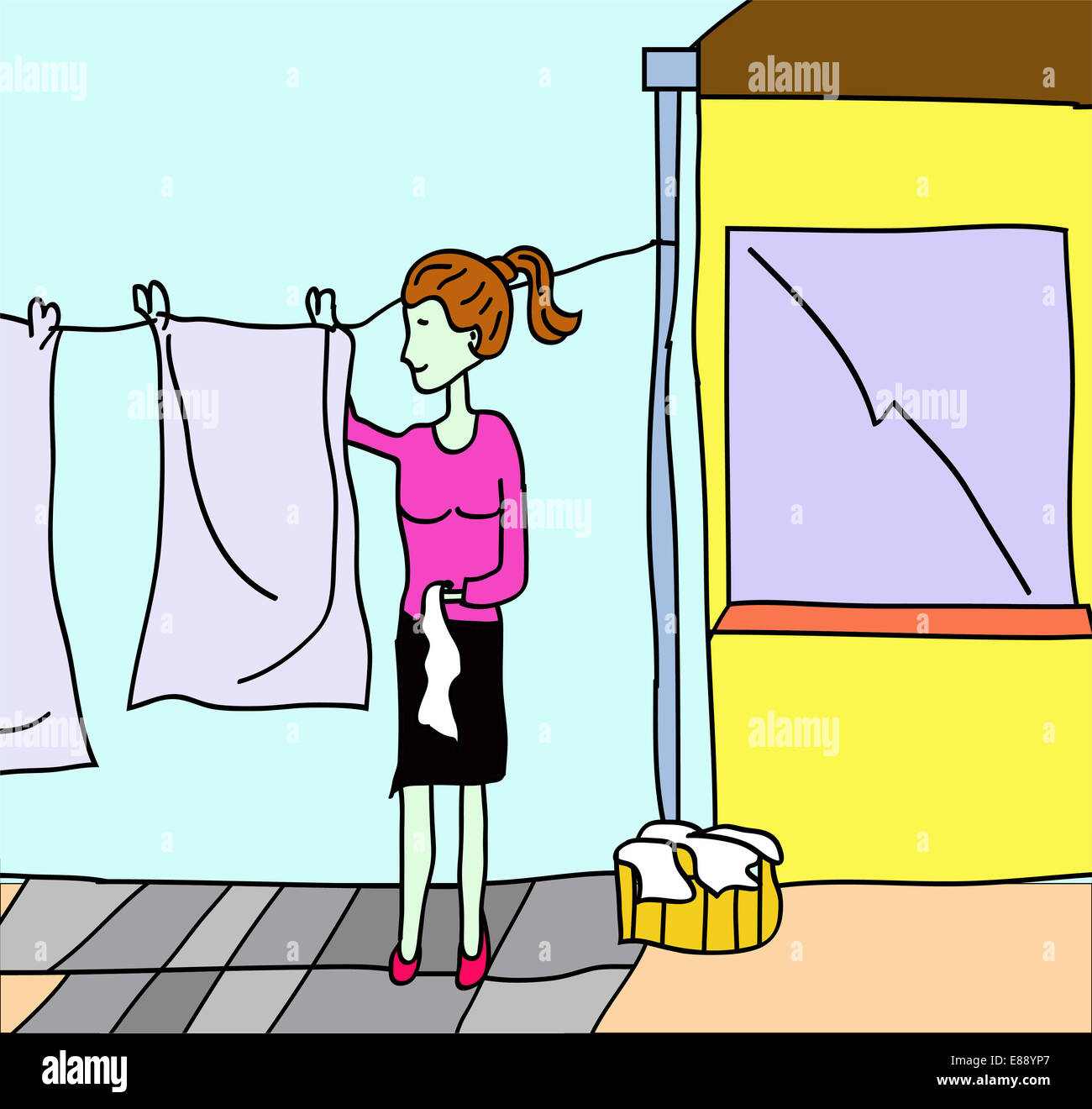 Darstellung der Frau Kleidung draußen aufhängen Stockfoto