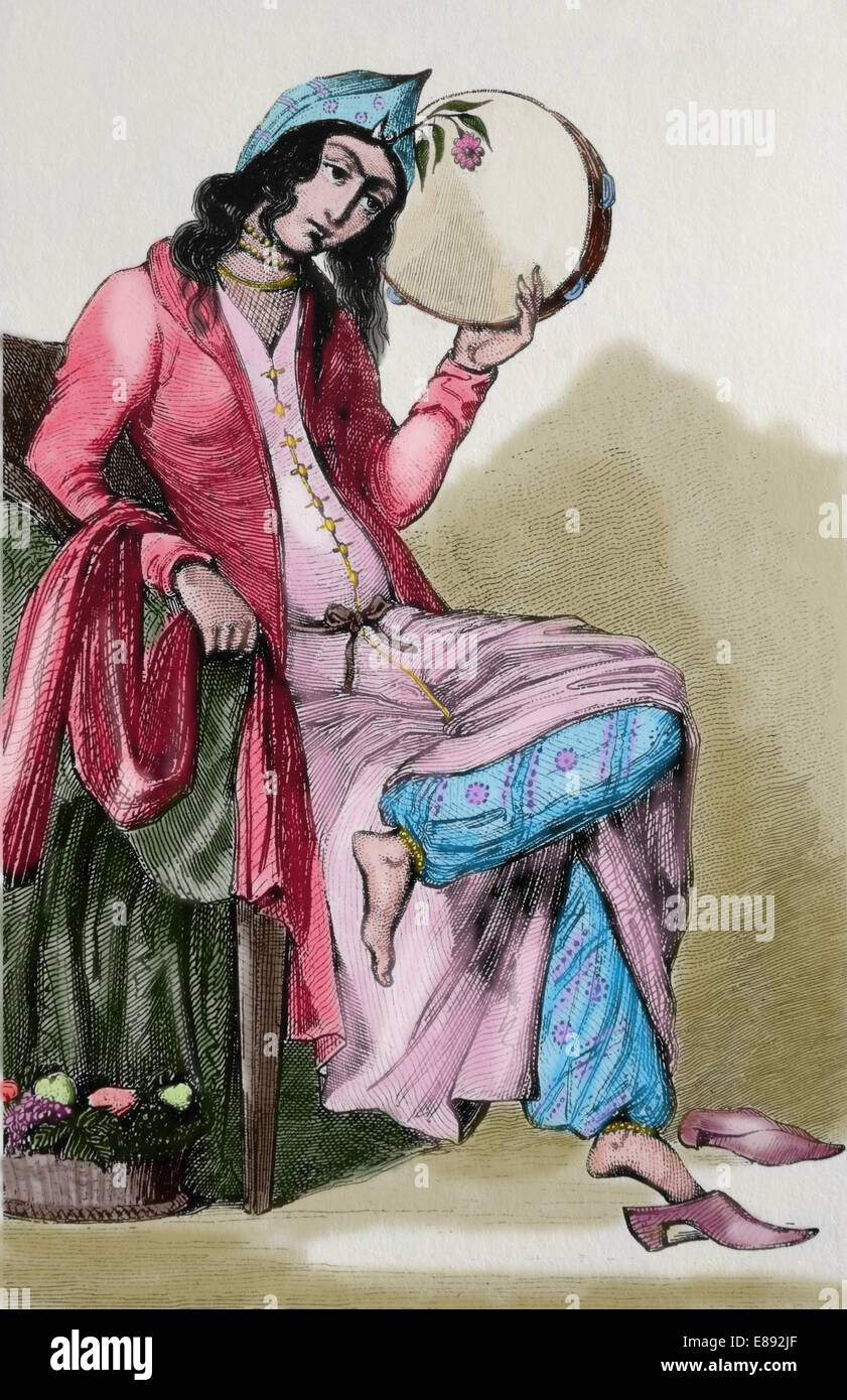 Asien. Persisch. Tanzende Mädchen. 1840. Gravur. Spätere Färbung. Stockfoto