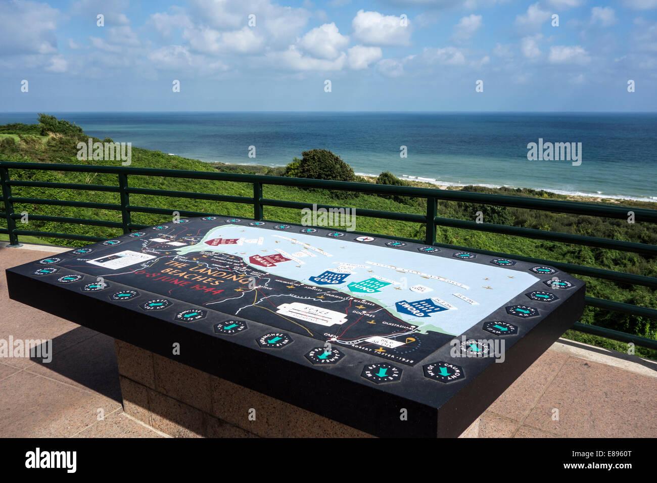 Ausrichtung der Tabelle Landungsstrände, Normandie amerikanischen Friedhof und Denkmal, Omaha Beach, Colleville-Sur-Mer, Frankreich Stockfoto