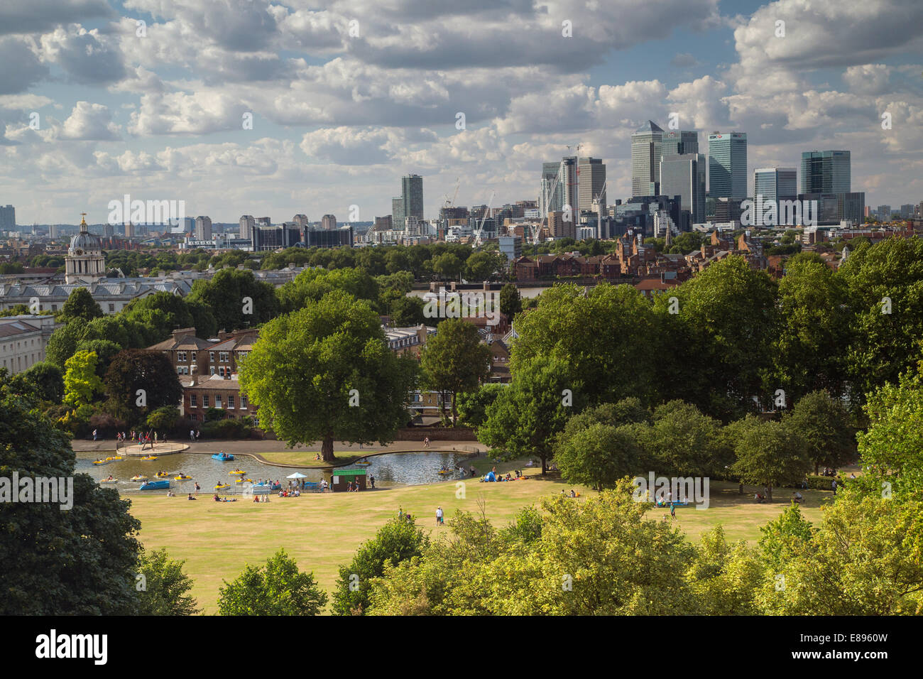 Canary Wharf angesehen vom Greenwich Observatorium Stockfoto