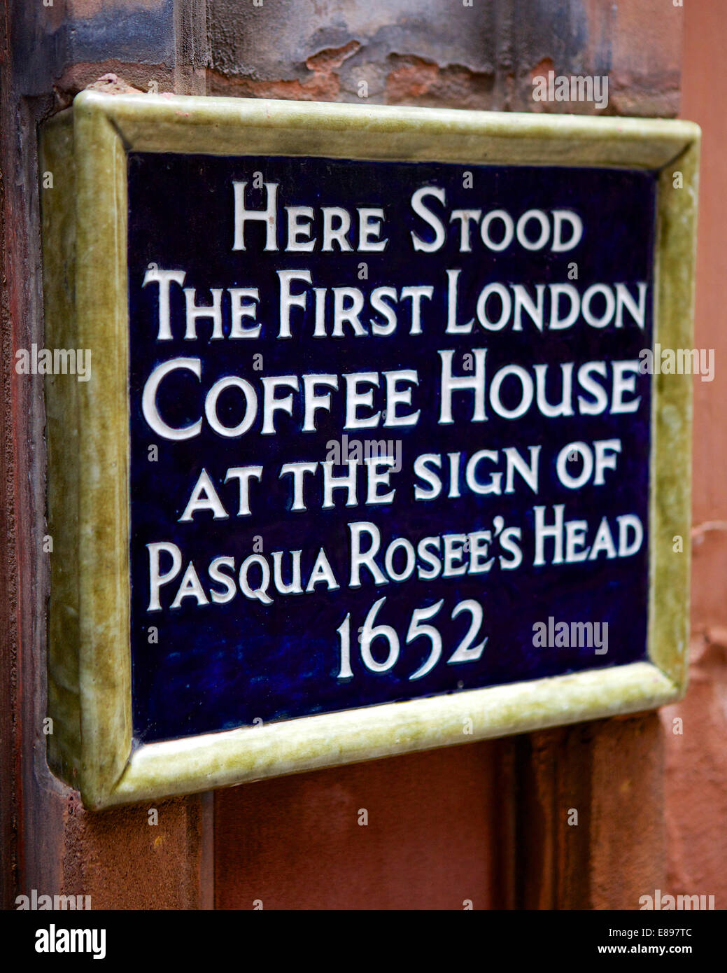 Plaque Kennzeichnung erstes London Kaffee-Haus, St. Michael Gasse, London, England UK Stockfoto
