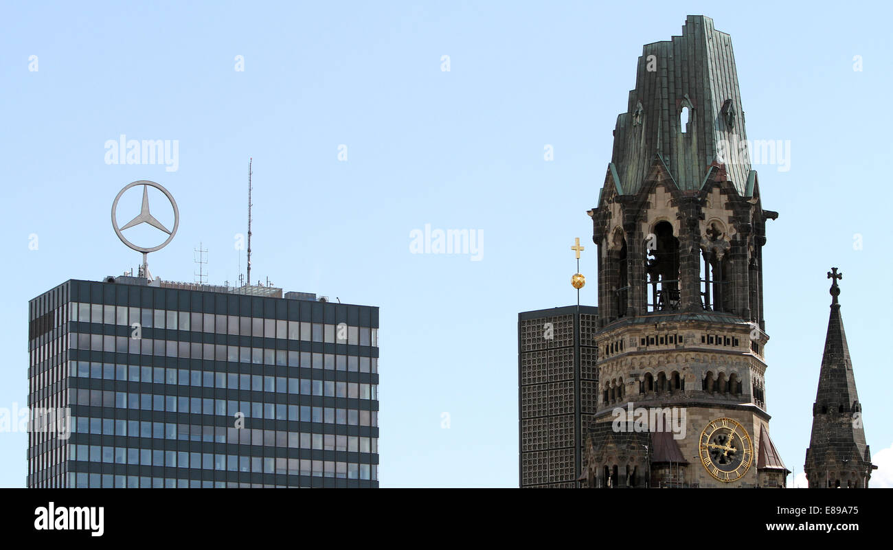 Berlin, Deutschland, Türme von der Kaiser-Wilhelm-Gedächtniskirche und dem Europa-Center Stockfoto