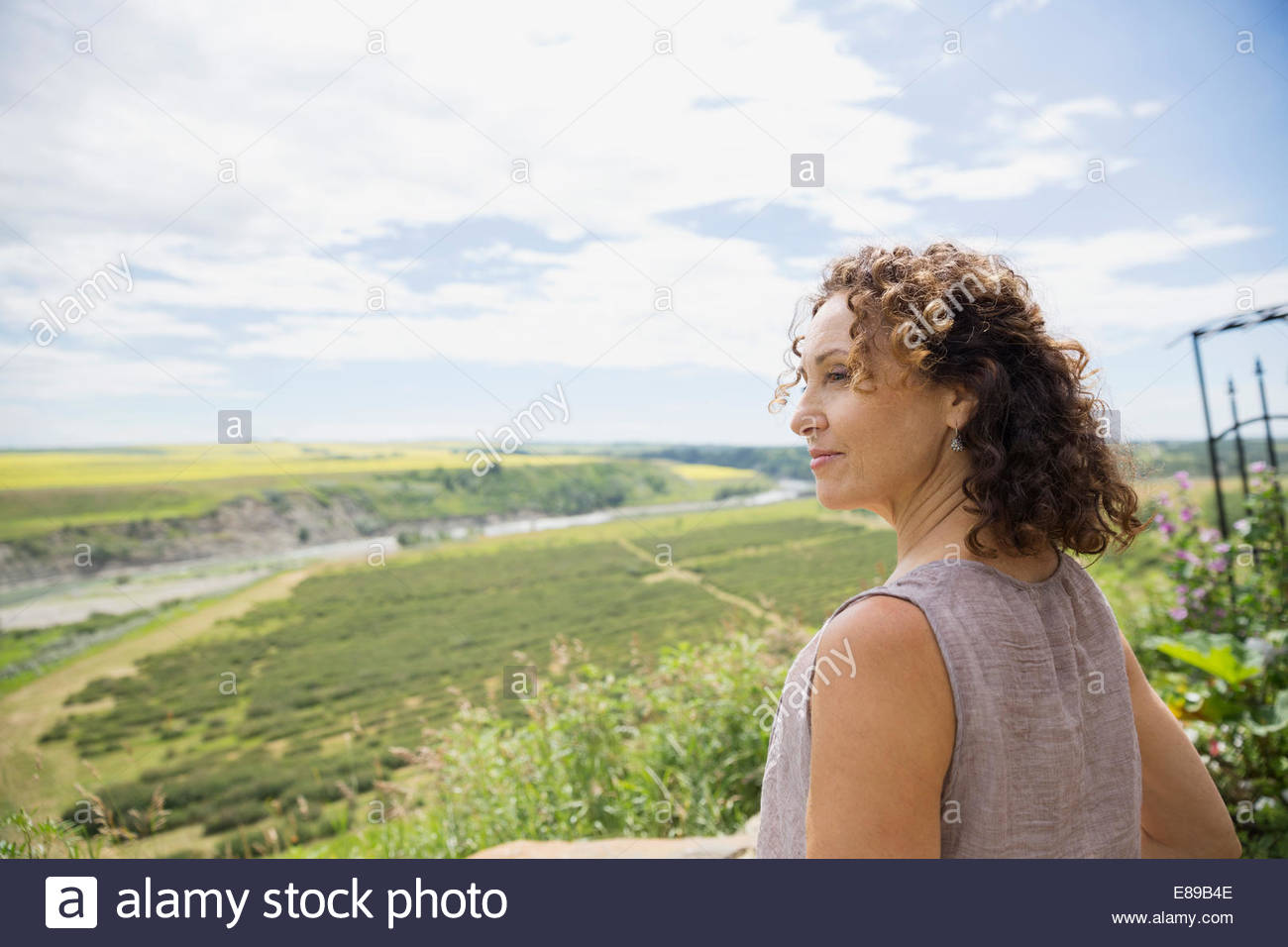Lächelnde Frau betrachten der Landschaft Stockfoto