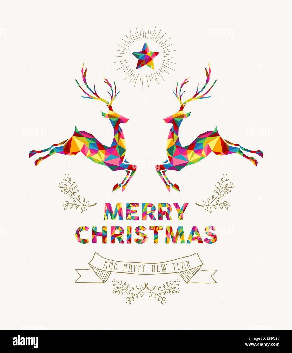 Frohe Weihnachten-Grußkarte. Bunte Dreieck Rentier springen und Vintage retro-Label Illustration. EPS10 Vektor-Datei organisiert Stockfoto