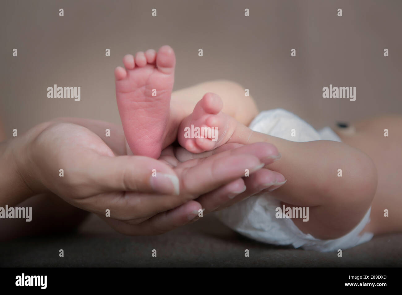 Neugeborenes Baby junge Füße in Mütter Hand gewiegt Stockfoto