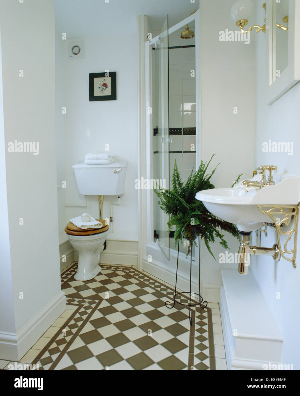 Schwarz + weiß Schachbrettmuster Bodenbelag im weißen Badezimmer mit Boston Farn auf stehen neben Glas Duschtüren Stockfoto