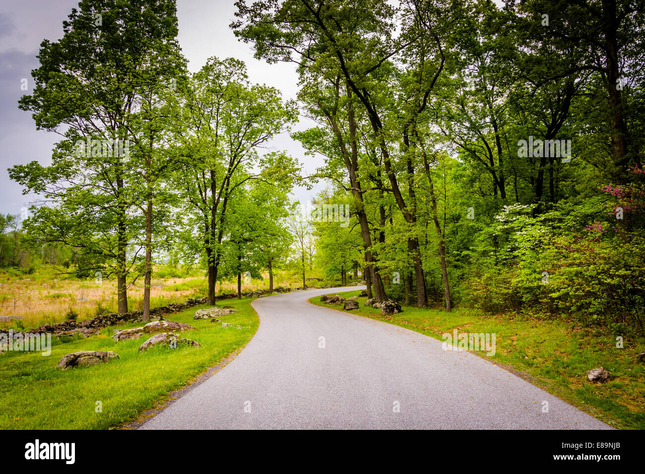 Straße durch Schlachtfeld bei Gettysburg, Pennsylvania. Stockfoto