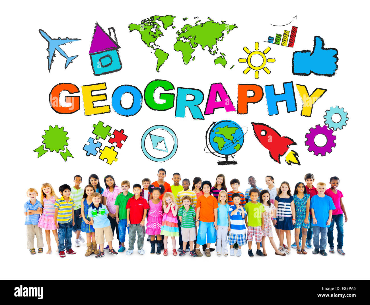 Gruppe von Kindern und Geographie Konzept Stockfoto