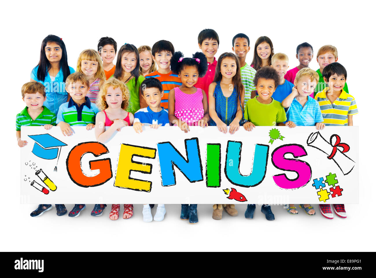 Multiethnische Gruppe von Kindern mit Genius Konzept Stockfoto