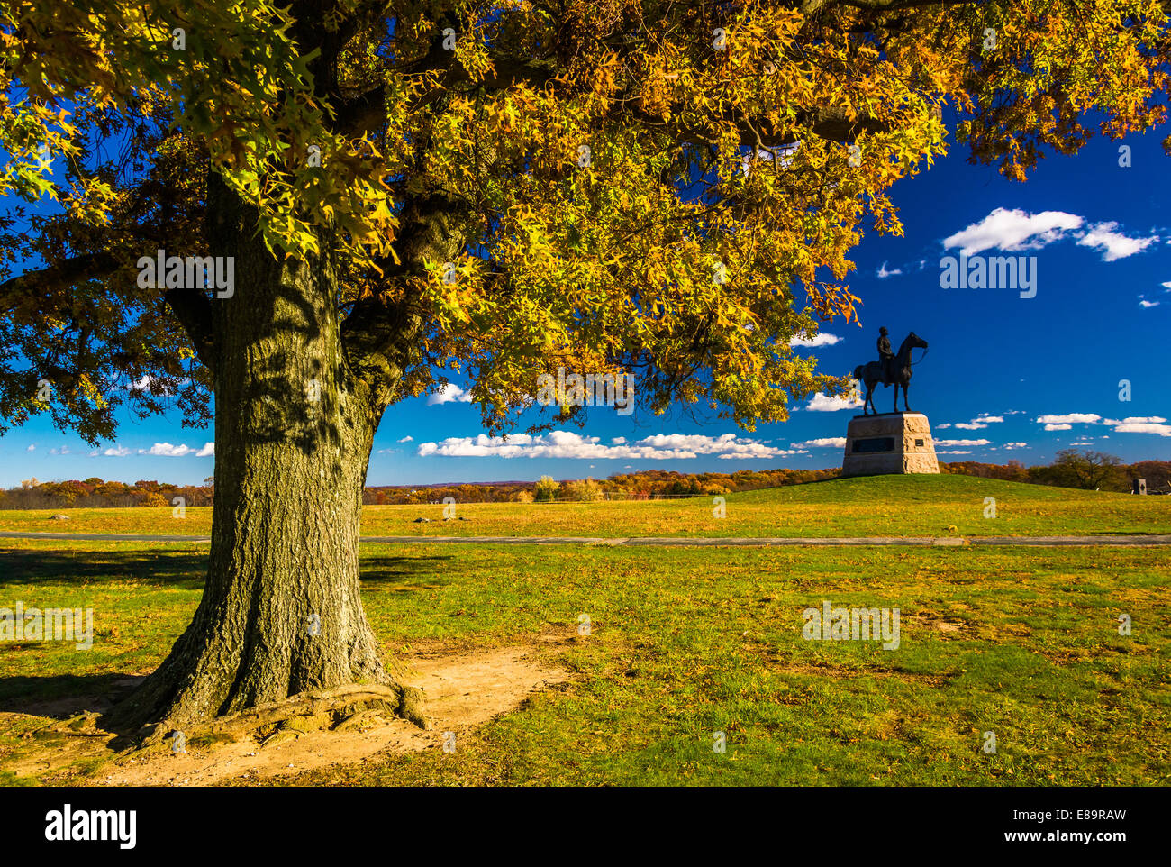 Baum und Statue auf dem Schlachtfeld bei Gettysburg, Pennsylvania. Stockfoto