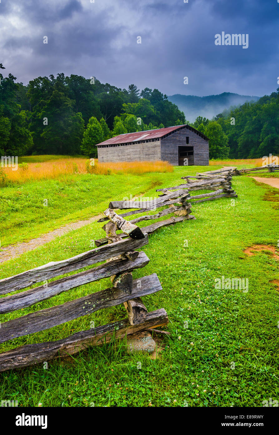 Zaun und Stall an einem nebligen Morgen, Cade Cove, Great Smoky Mountains National Park, Tennessee. Stockfoto