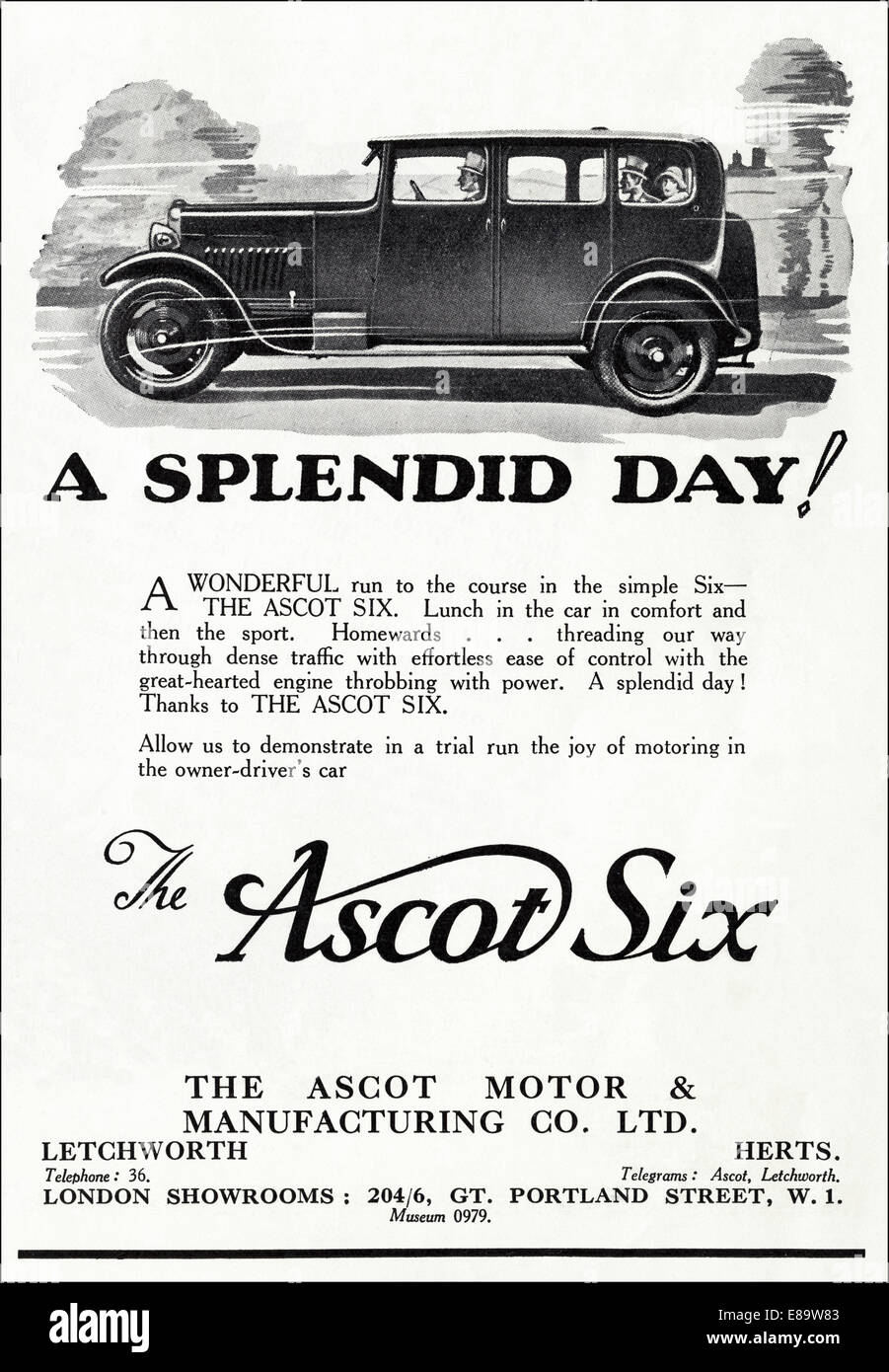20er Jahre datiert Werbung für ASCOT sechs Motorwagen im englischen Magazin Juni 1929 Stockfoto