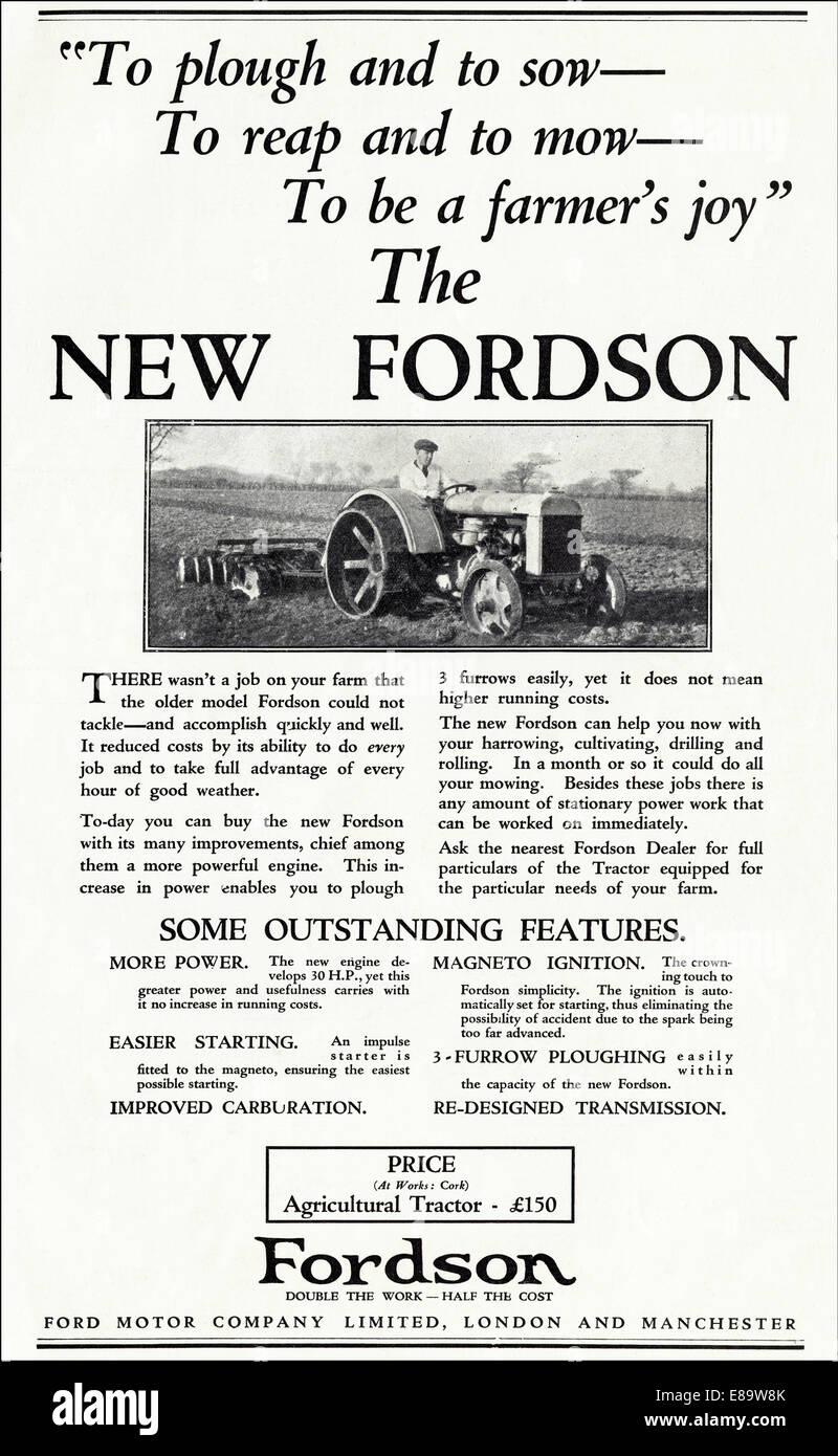 1920er Jahre Anzeige für neue FORDSON-Traktor von Ford Motor Company Limited in der englischen Zeitschrift vom Juni 1929 Stockfoto