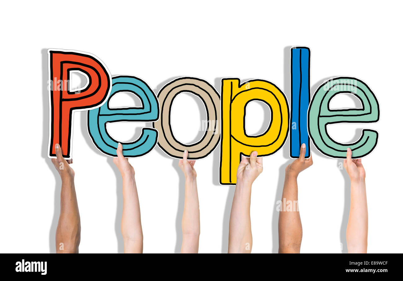 Multiethnische Gruppe von Hände halten Wort Menschen Stockfoto