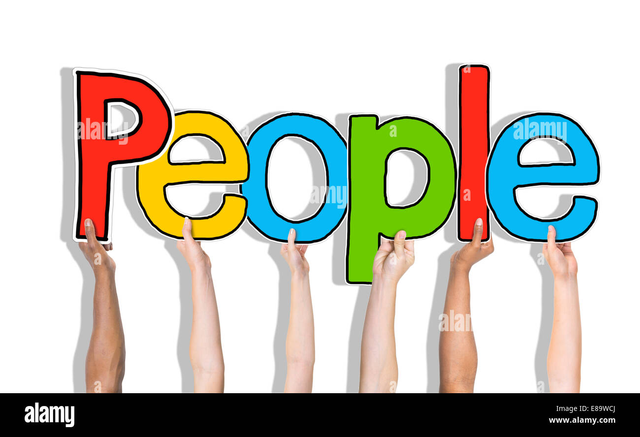 Multiethnische Gruppe von Hände halten Wort Menschen Stockfoto